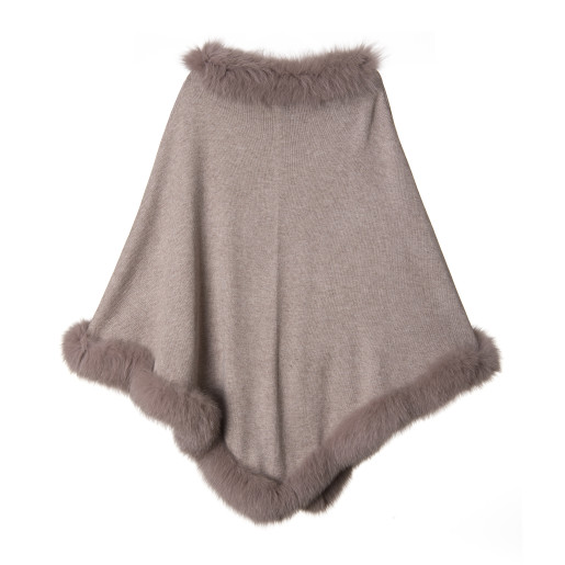 Capa tip Poncho lana 100% cu blana naturala vulpe, bej