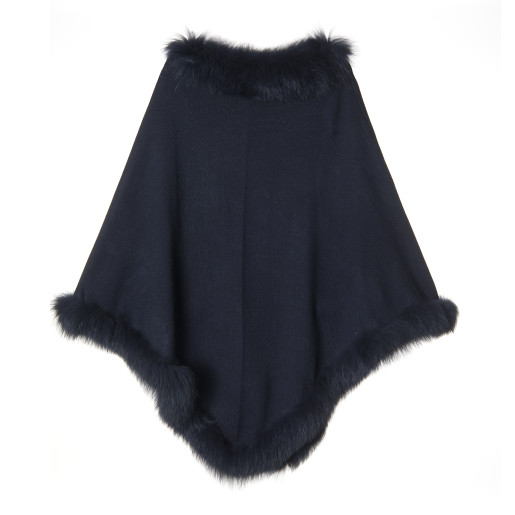 Capa tip Poncho lana 100% cu blana naturala vulpe, gri cenusiu