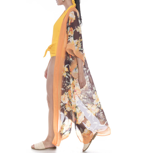 Kimono deschis Dancing Flowers, bordura portocalie, voal  transparent