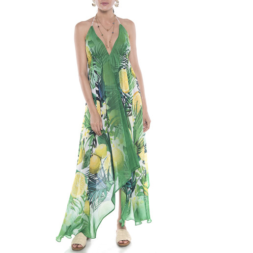 Rochie asimetrica Sweet Lemonade, bordura verde, voal transparent