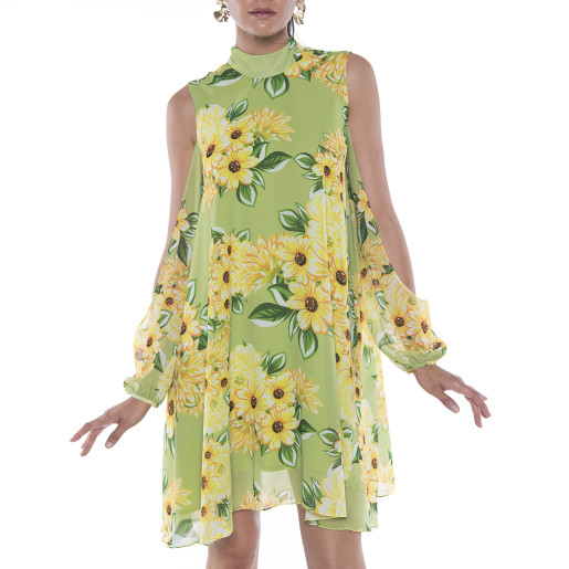 Rochie mini voal Sun Flower Bloom, maneci decupate