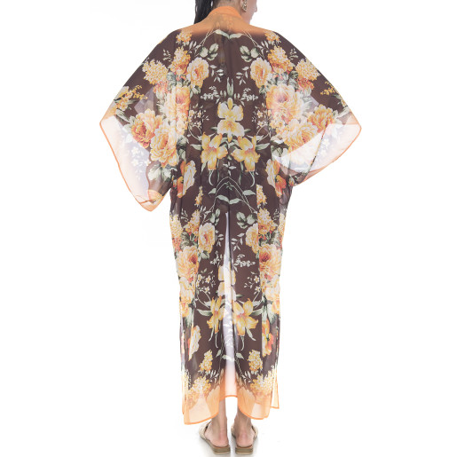 Kimono deschis Dancing Flowers, bordura portocalie, voal 