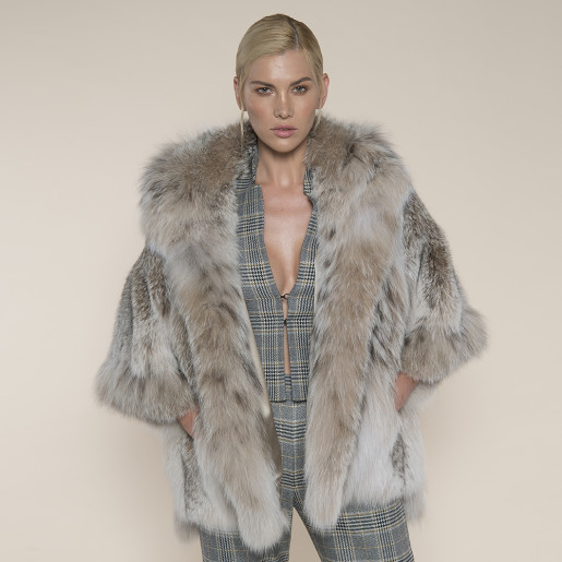 Haina blana naturala lynx cu gluga, culoare naturala, selectie speciala, 65cm