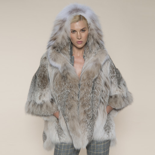 Haina blana naturala lynx cu gluga, culoare naturala, selectie speciala, 65cm