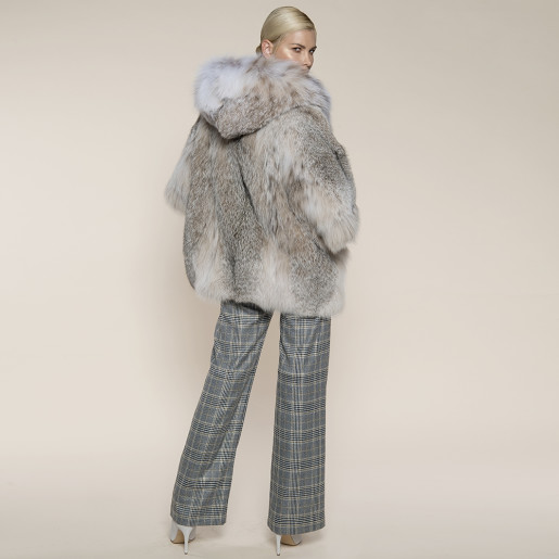 Haina blana naturala lynx, selectie speciala, gluga ampla, 65cm