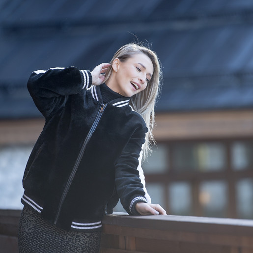 Geaca bomber blana naturala rex-chinchilla, 50cm, negru cu alb