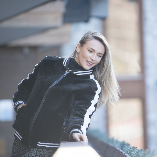 Geaca bomber blana naturala rex-chinchilla, 50cm, negru cu alb