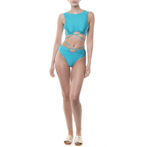 Costum baie 2 piese bustiera cerc cret cu snur si bikini brazilian cerc cret talie si snur Emerald