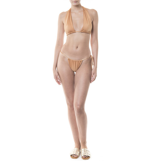 Costum baie 2 piese cu top triunghi reglabil ascutit si bikini  reglabil talie, Bronze