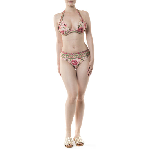 Costum baie 2 piese top push-up cu funde late si bikini brazilian semitalie, Secret Garden