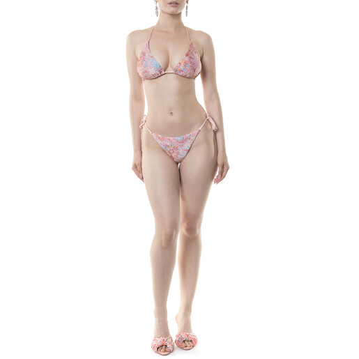 Costum baie 2 piese, sutien triunghi reglabil si bikini brazilian cu snururi, Paisley Cipria