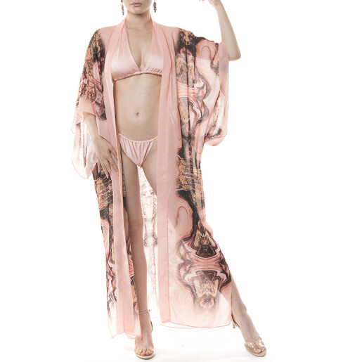 Kimono lung deschis voal Marble Cipria