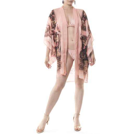 Kimono deschis scurt, voal transparent Marble Cipria