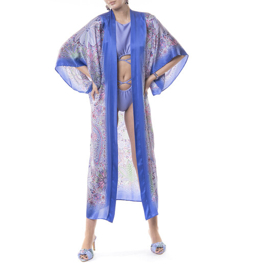 Kimono deschis lung matase naturala 100%, Paisley Lilla