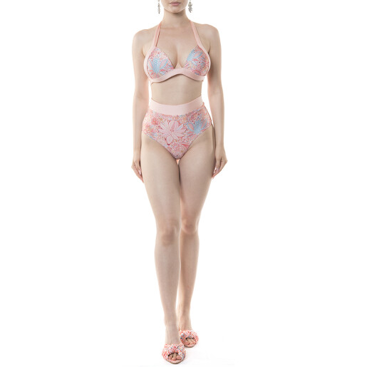 Costum baie 2 piese, sutien push up funde late si bikini brazilian talie inalta cu banda, Paisley Cipria