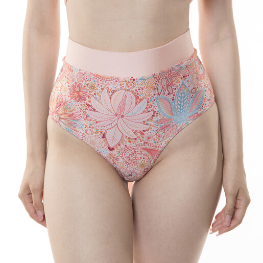 Costum baie 2 piese, sutien push up funde late si bikini brazilian talie inalta cu banda, Paisley Cipria