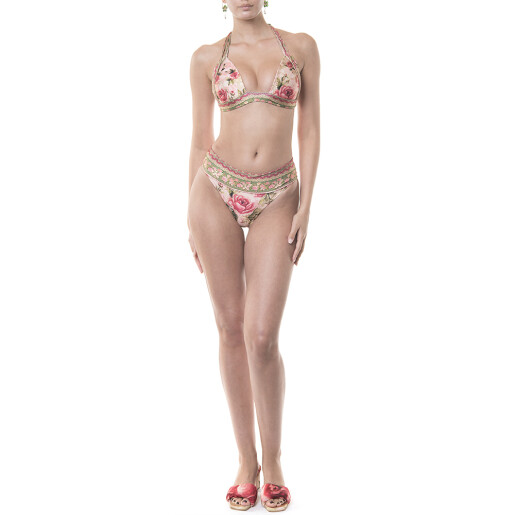 Costum baie 2 piese, sutien push up funde late si bikini brazilian talie inalta cu banda, Paisley Cipria