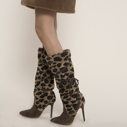 Cizme blana naturala shearling animal print, maro