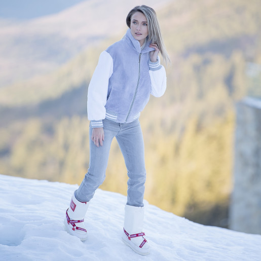 Jacheta tip bomber blana naturala rex0chinchilla, gri cu maneci albe, decor stea spate, 55cm