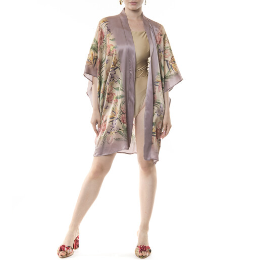 Kimono scurt matase naturala 100%, Tropical Breeze bordura roz pudra