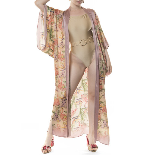 Kimono lung deschis Tropical Breeze, bordura mov pal, matase naturala 100%