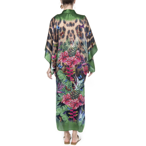 Light kimono, 100% silk, Jungle Vibe print, green border