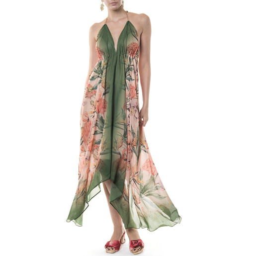 Rochie asimetrica Tropical Breeze, bordura verde, voal transparent