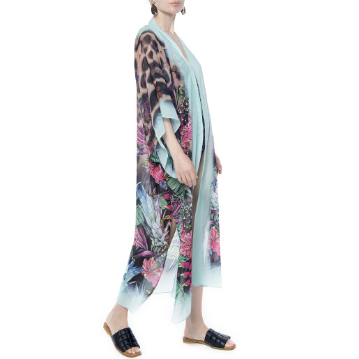 Kimono deschis, voal, imprimeu Jungle Vibe, bordura turcoaz