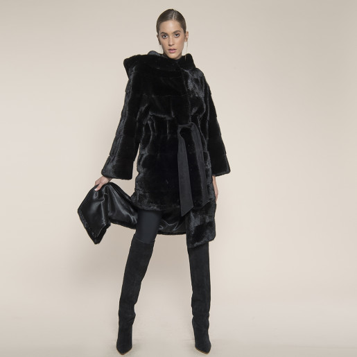 Haina blana naturala vizon selectie speciala black mink, cu gluga, 107cm, 3 haine in 1