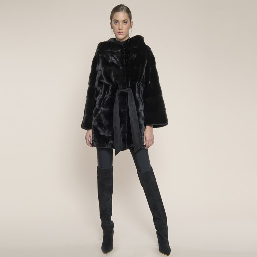 Haina blana naturala vizon selectie speciala black mink, cu gluga, 107cm, 3 haine in 1