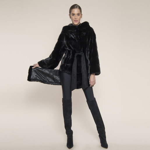 Haina blana naturala vizon selectie speciala black mink, cu gluga, 107cm, 3 haine in 1