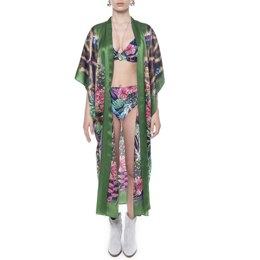 Kimono deschis, matase 100%, imprimeu Jungle Vibe, bordura verde