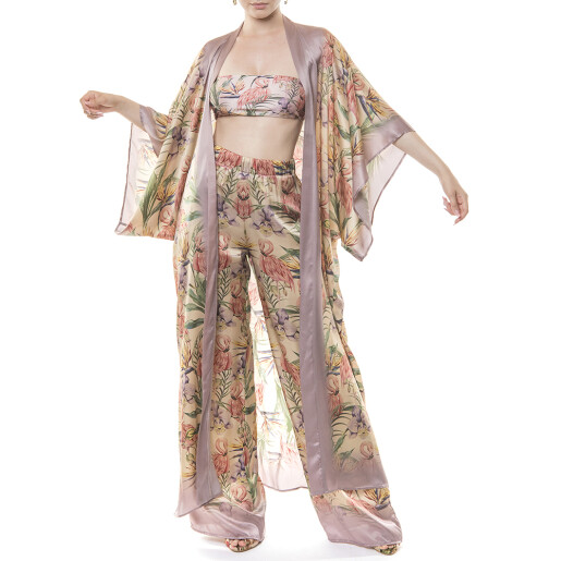 Set complet Tropical Breeze (kimono lung + pantaloni lungi + sutien bandana CADOU), matase naturala 100%