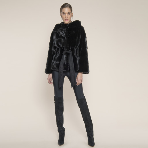 Haina blana naturala vizon selectie speciala black mink, cu gluga, 107cm, 3 haine in 1