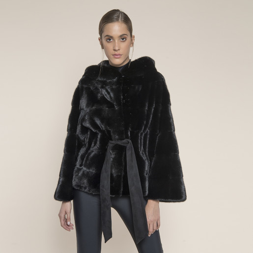 Haina blana naturala vizon selectie speciala black mink, cu gluga, 107cm, 3 haine in 1