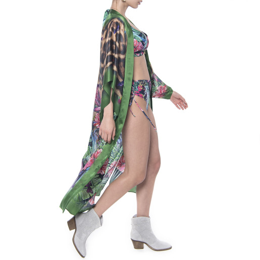 Kimono deschis, matase 100%, imprimeu Jungle Vibe, bordura verde