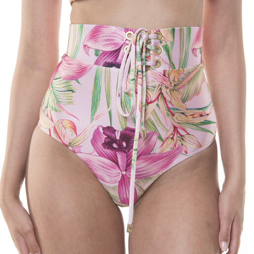 Costum baie 2 piese Wild Orchid, sutien triunghi pus-up si bikini brazilian talie inalta cu snur