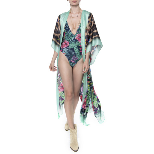 Kimono deschis, matase 100%, imprimeu Jungle Vibe, bordura turcoaz