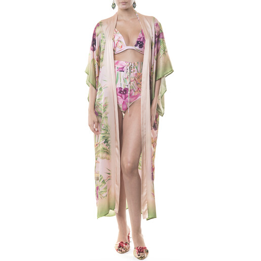 Kimono lung deschis matase naturala 100%, Wild Orchid