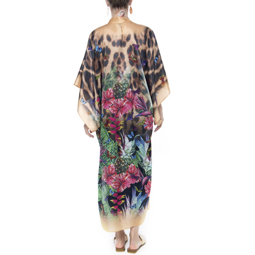 Kimono deschis, matase 100%, imprimeu Jungle Vibe , bordura bej