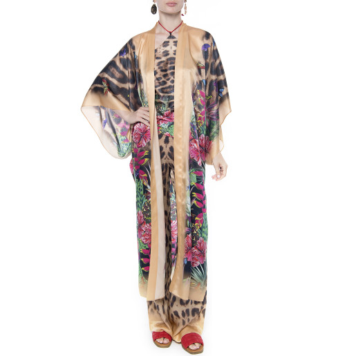 Kimono deschis, matase 100%, imprimeu Jungle Vibe , bordura bej