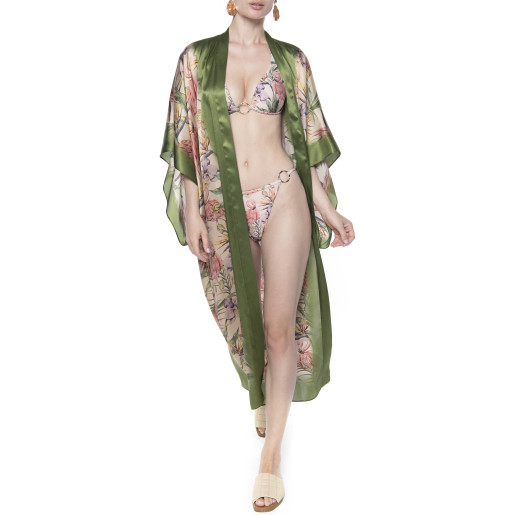 Kimono deschis Tropical Breeze, bordura verde, matase naturala 100%