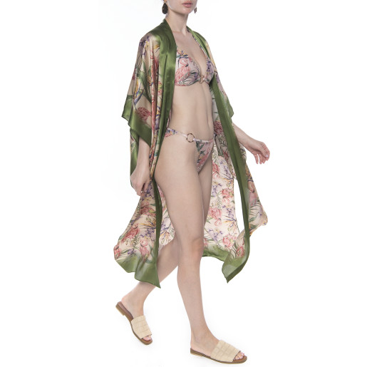 Kimono deschis Tropical Breeze, bordura verde, matase naturala 100%