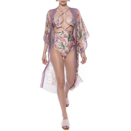 Kimono deschis, voal, imprimeu Tropical Breeze bordura mov pal