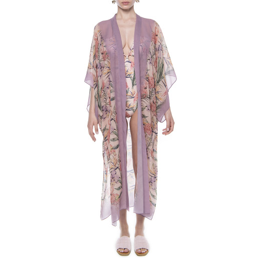 Kimono deschis, voal, imprimeu Tropical Breeze bordura mov pal