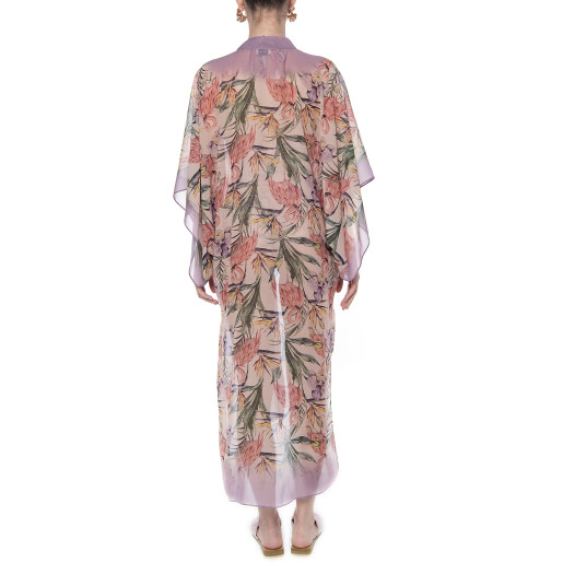 Kimono deschis, voal, imprimeu Tropical Breeze bordura mov pal