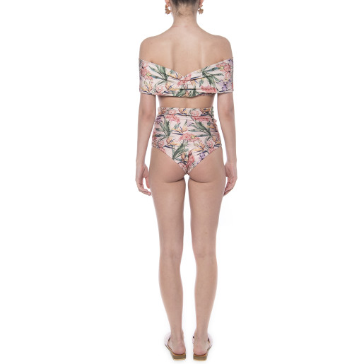 Costum baie 2 piese Tropical Breeze, bustiera volan umar si slip brazilian talie inalta logo Paisi