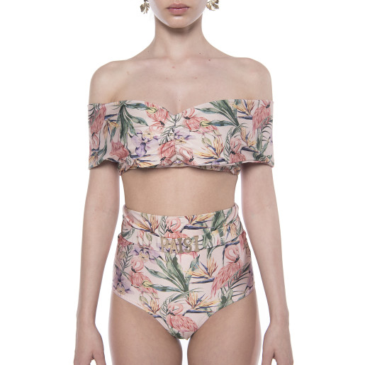 Costum baie 2 piese Tropical Breeze, bustiera volan umar si slip brazilian talie inalta logo Paisi