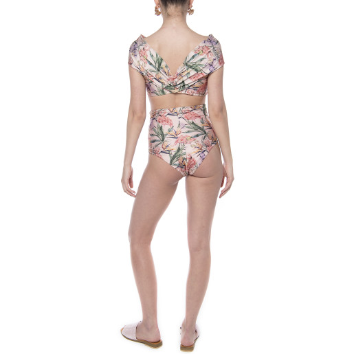 Costum plaja 2 piese Tropicam Breeze, sutien bustiera volan umar si slip brazilian inalt logo Paisi