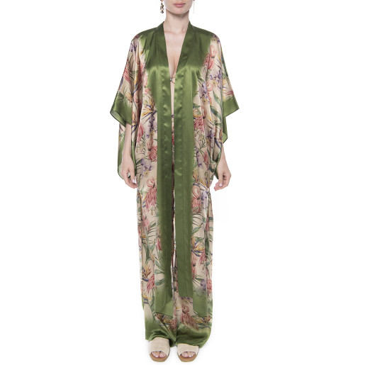 Light kimono, 100% silk, Tropical Breeze green border print